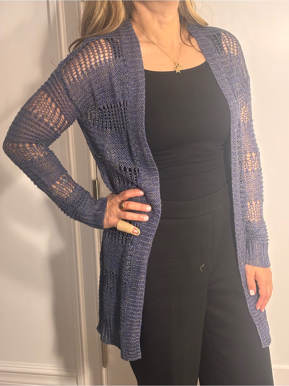 Theory Blue Open Knit Linen Cardigan Open Front Lightweight Size P